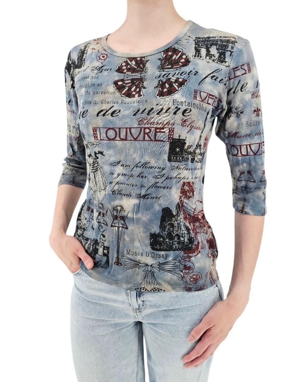 Glima Paris Louvre Graphic Top Women's L Blue 3/4 Sleeve Artsy Y2K 100% Cotton - Picture 2 of 8